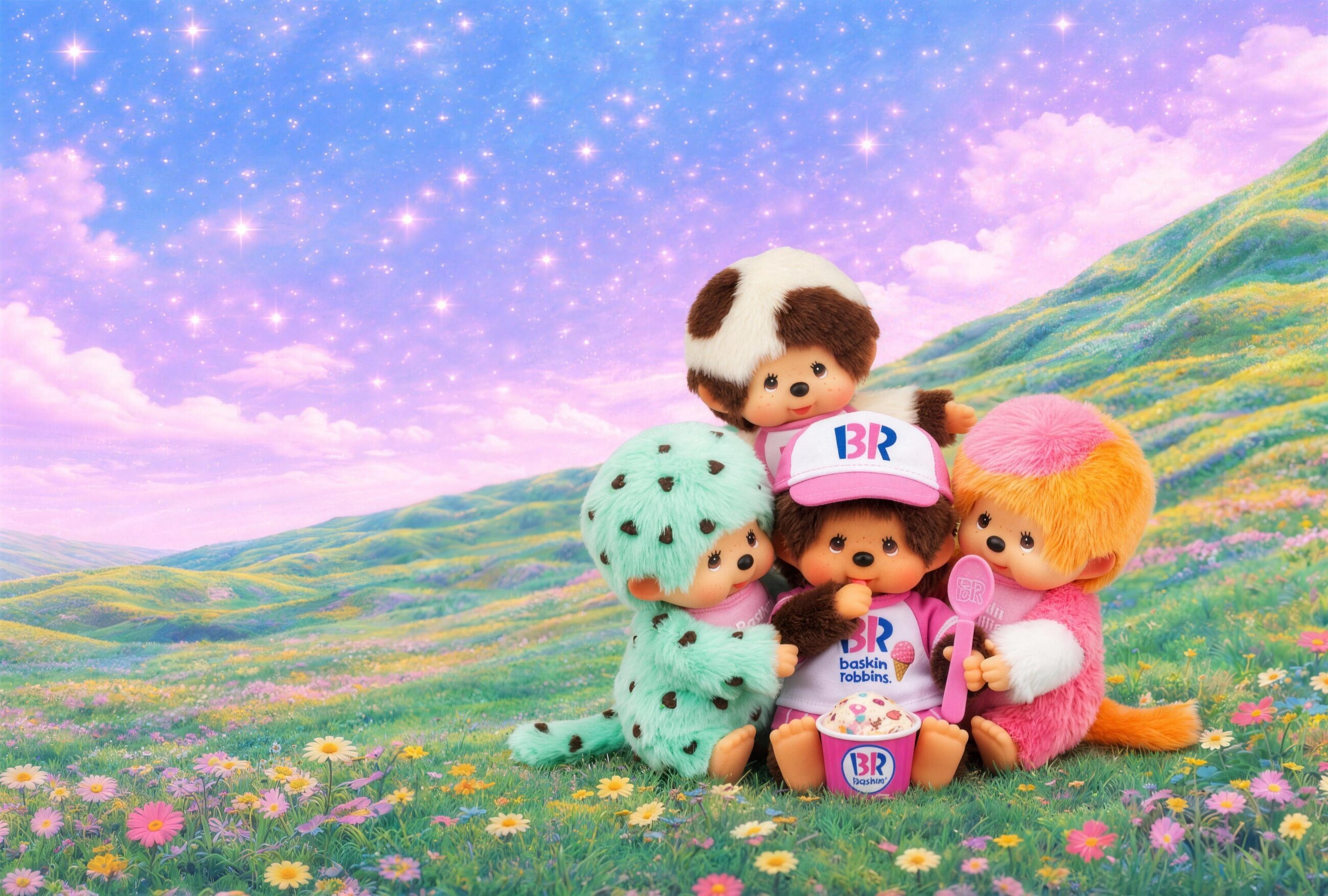 Monchhichi and friends dressed as Baskin-Robbins flavours on a flower meadow