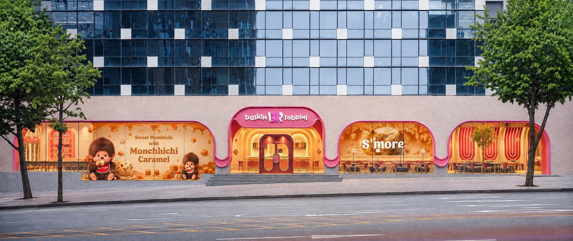 Cheongdam store façade wrapped for Monchhichi, render