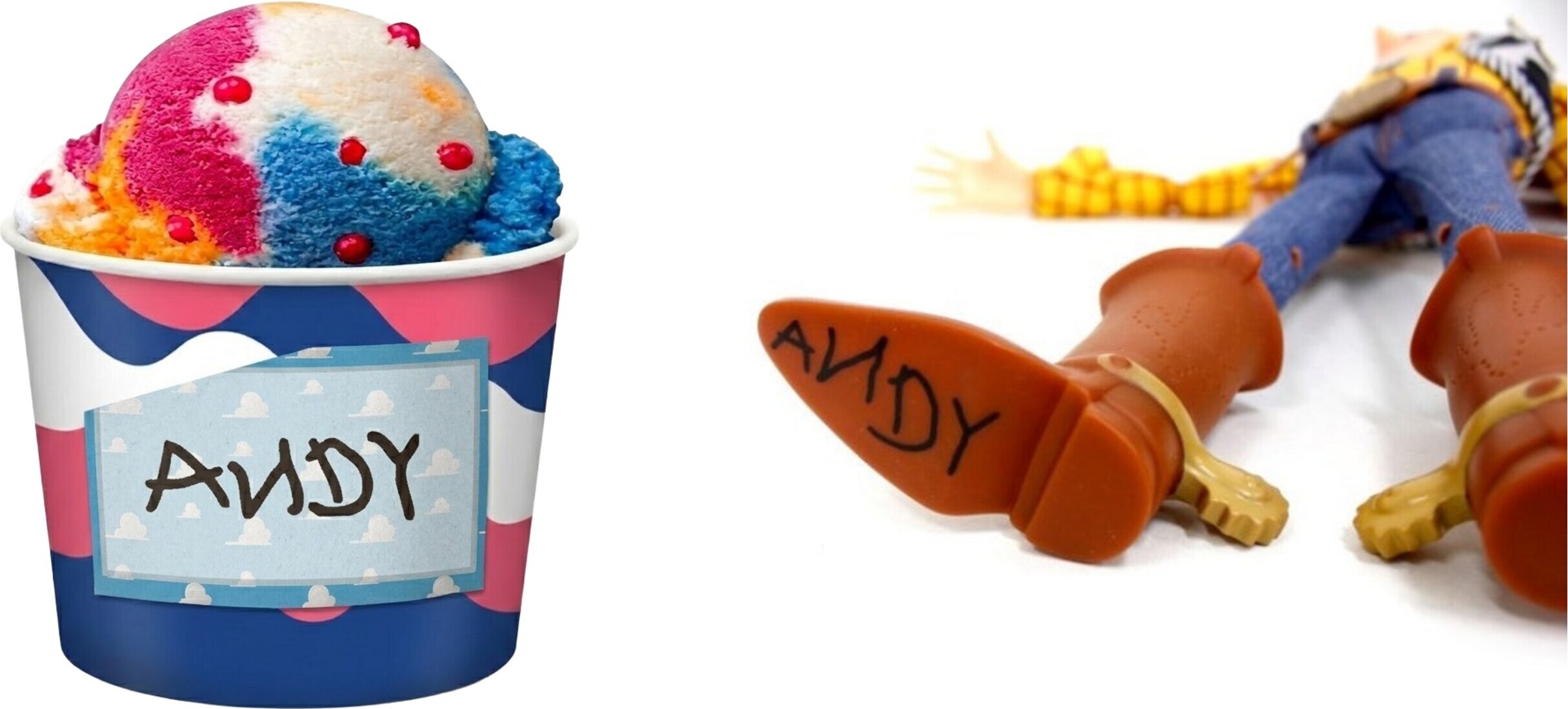 Ice cream cup with an ANDY name label next to Woody’s boot