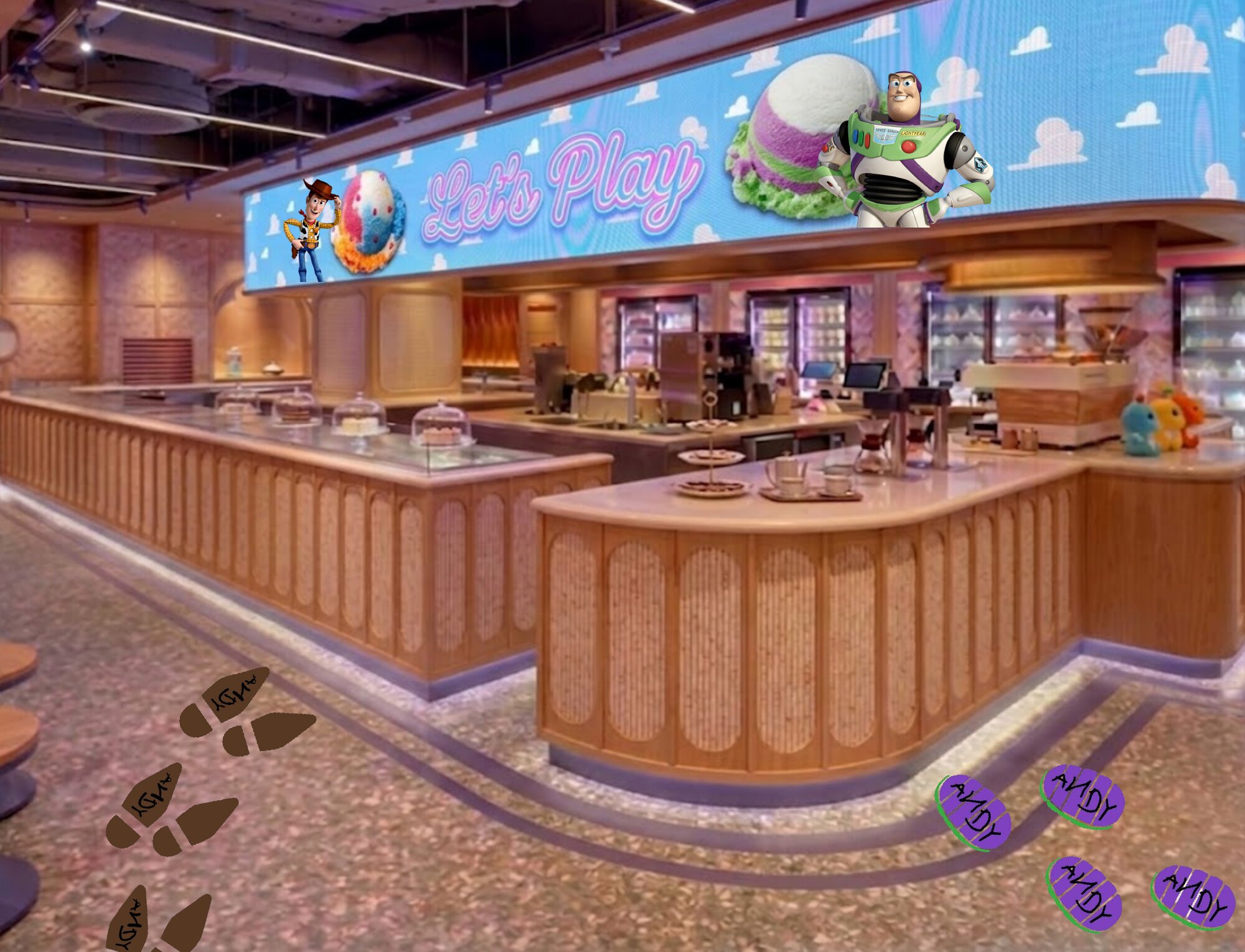 Counter render with the Let’s Play screen and footprint stickers