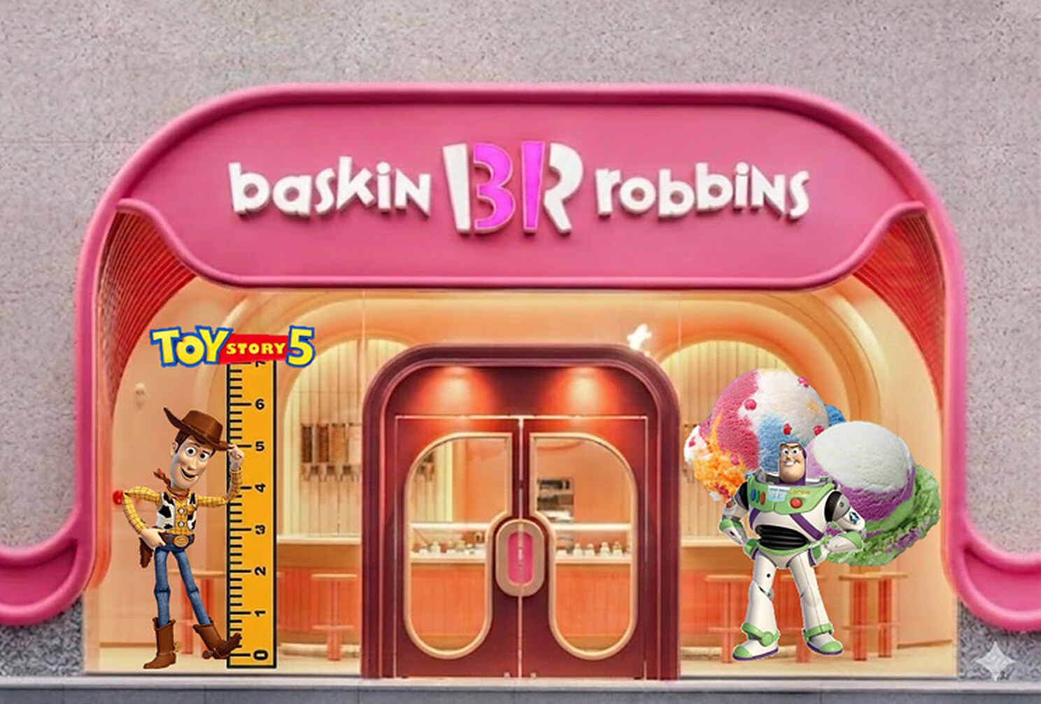Storefront render with a Woody height chart and Buzz